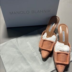 Manolo Blahnik Terracotta Suede Pointed-Toe Buckle Mule